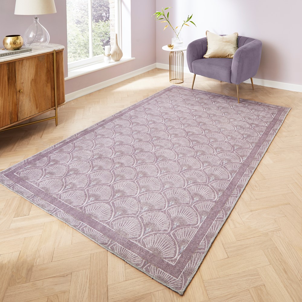 Deco Peacock Modern Washable Rugs by Catherine Lansfield in Lilac Purple